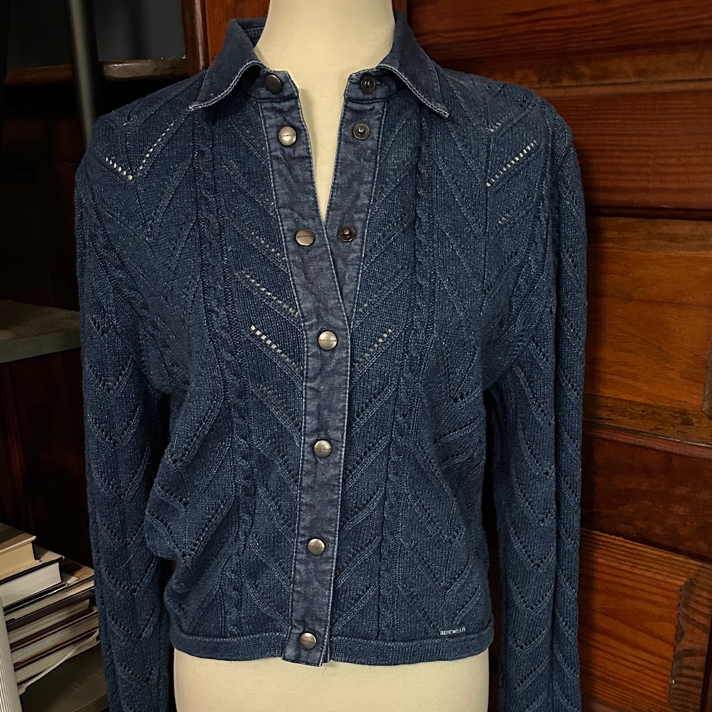 Blue Willi’s Indigo Snap Front Knit Chambray Sweater Denmark Sz M